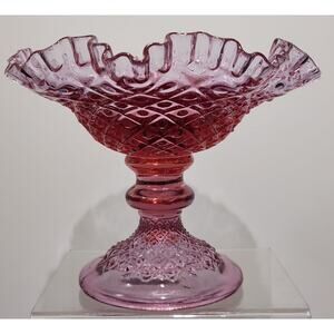 Vintage Art Glass Rose Pink Diamond Hobnail Pedestal Ruffled Compote